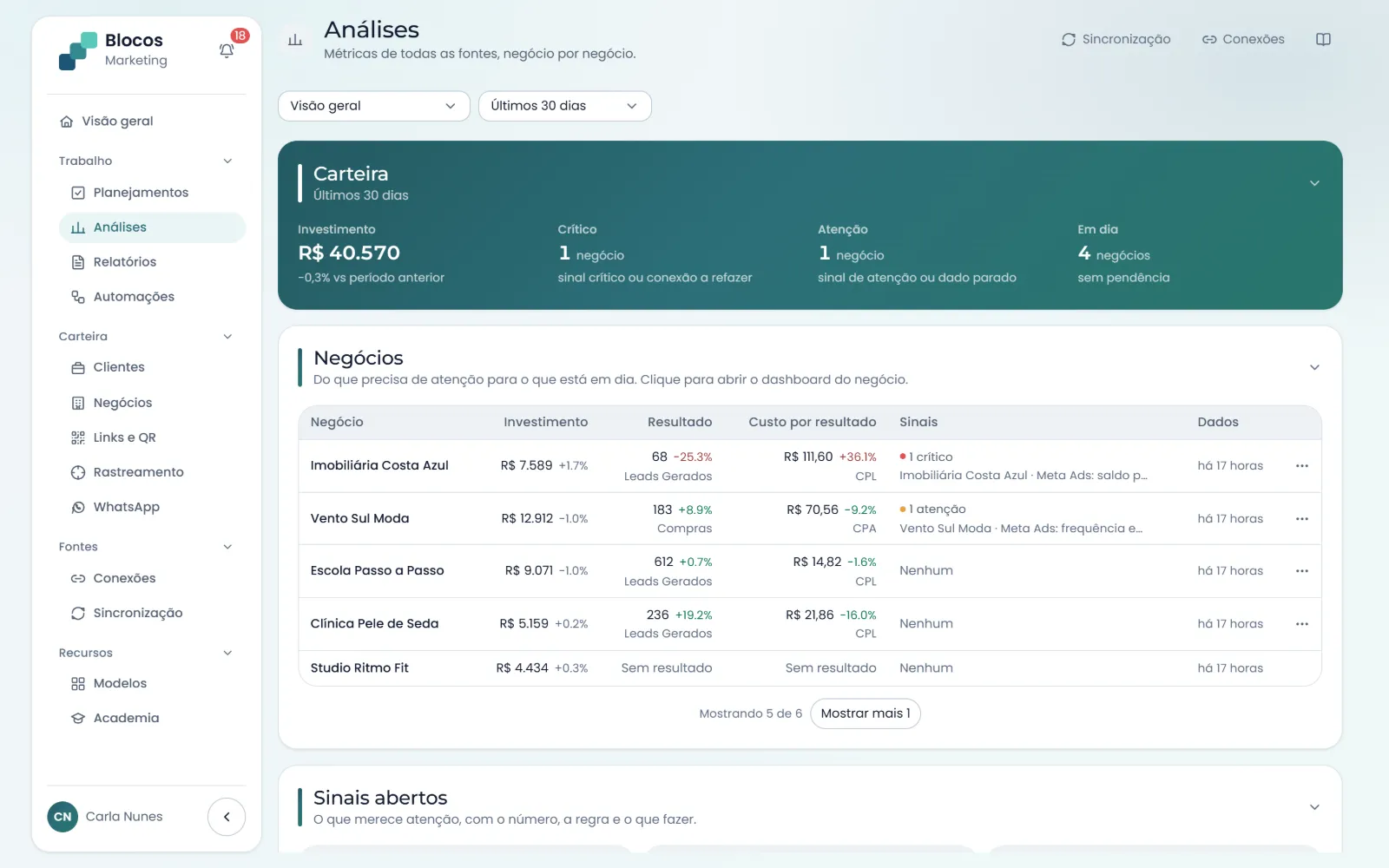 Carteira de negócios em Análises: investimento, resultado e custo por resultado de cada negócio, com os sinais abertos
