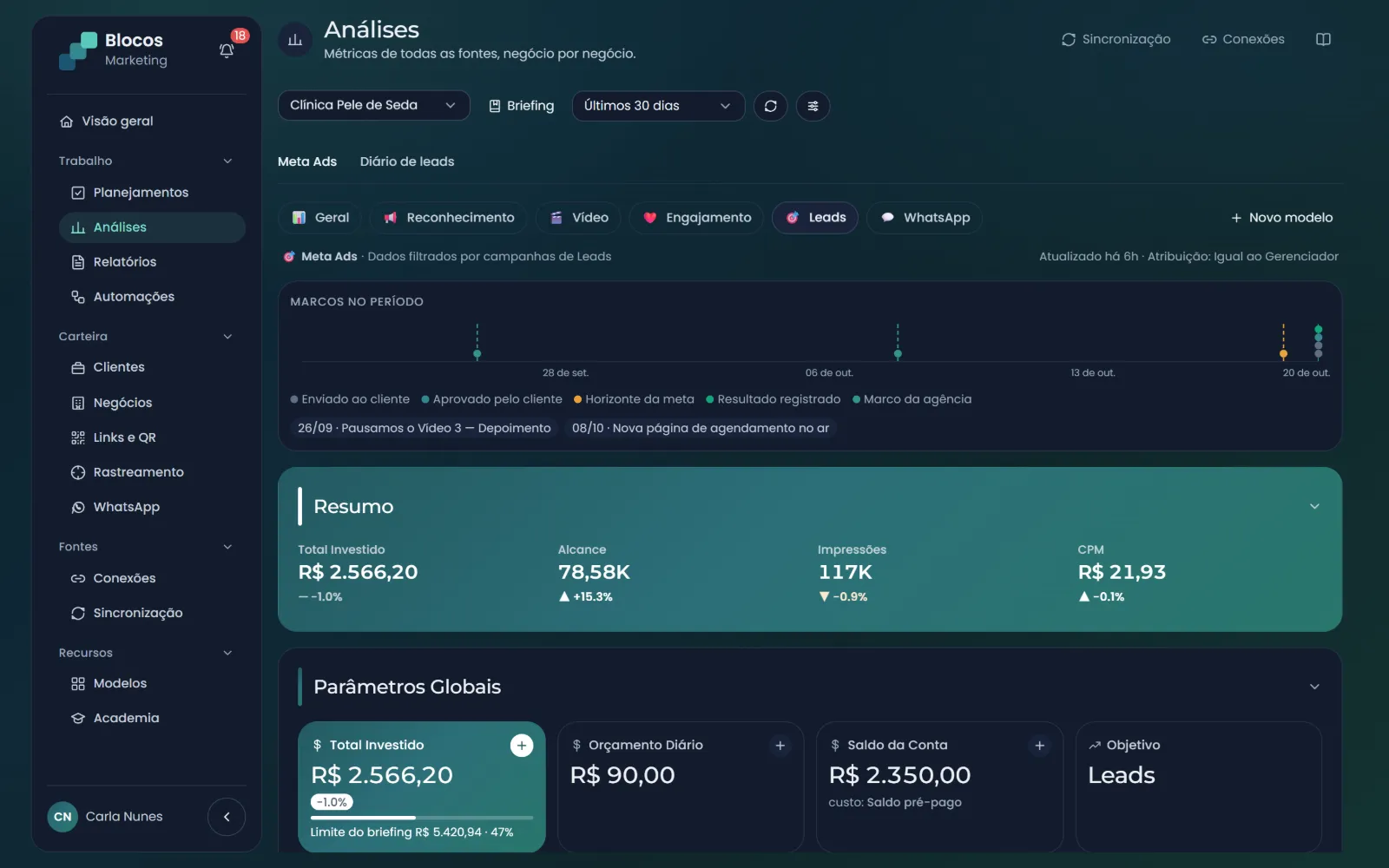 Dashboard do Meta Ads de um negócio no objetivo Leads: marcos do período sobre a linha do tempo, o resumo de investimento, alcance, impressões e CPM e os parâmetros da conta, com o limite do briefing