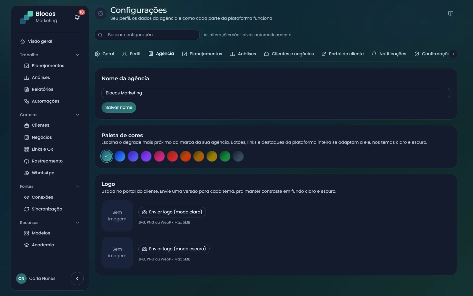Configurações da agência: nome, paleta de cores curada e logo para o tema claro e o escuro