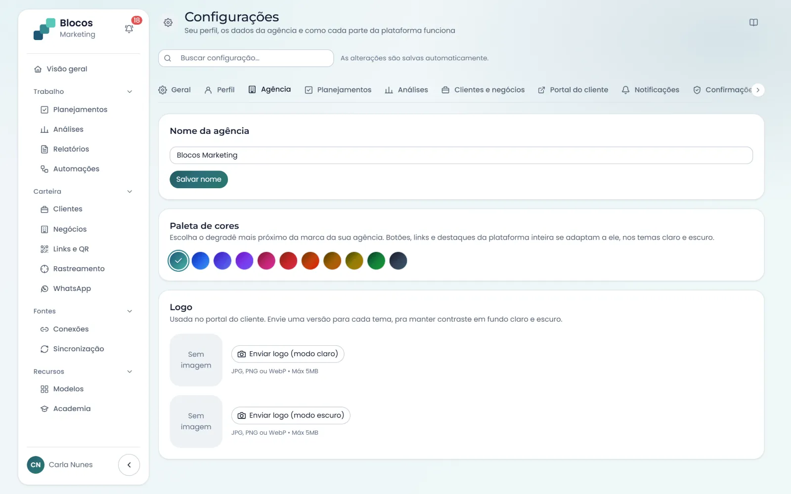 Configurações da agência: nome, paleta de cores curada e logo para o tema claro e o escuro