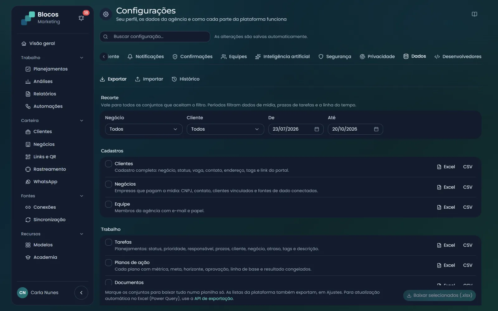Exportar e importar: recorte por negócio, cliente e período, e os conjuntos em Excel ou CSV