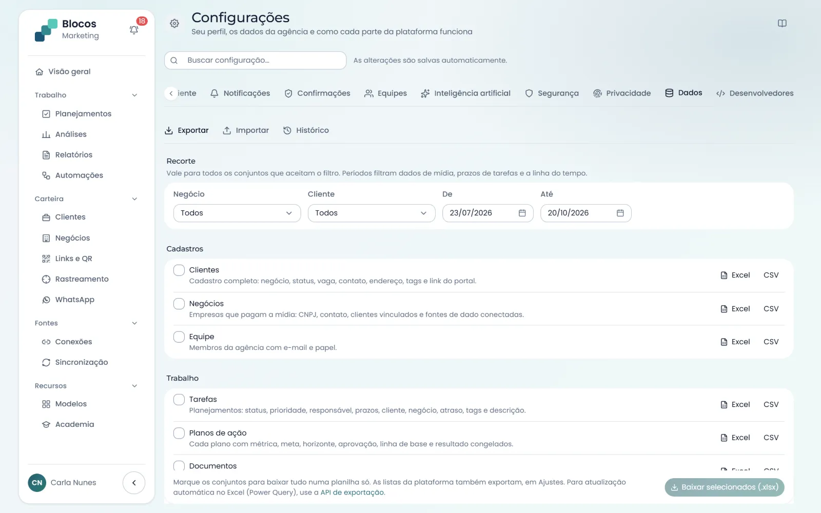 Exportar e importar: recorte por negócio, cliente e período, e os conjuntos em Excel ou CSV