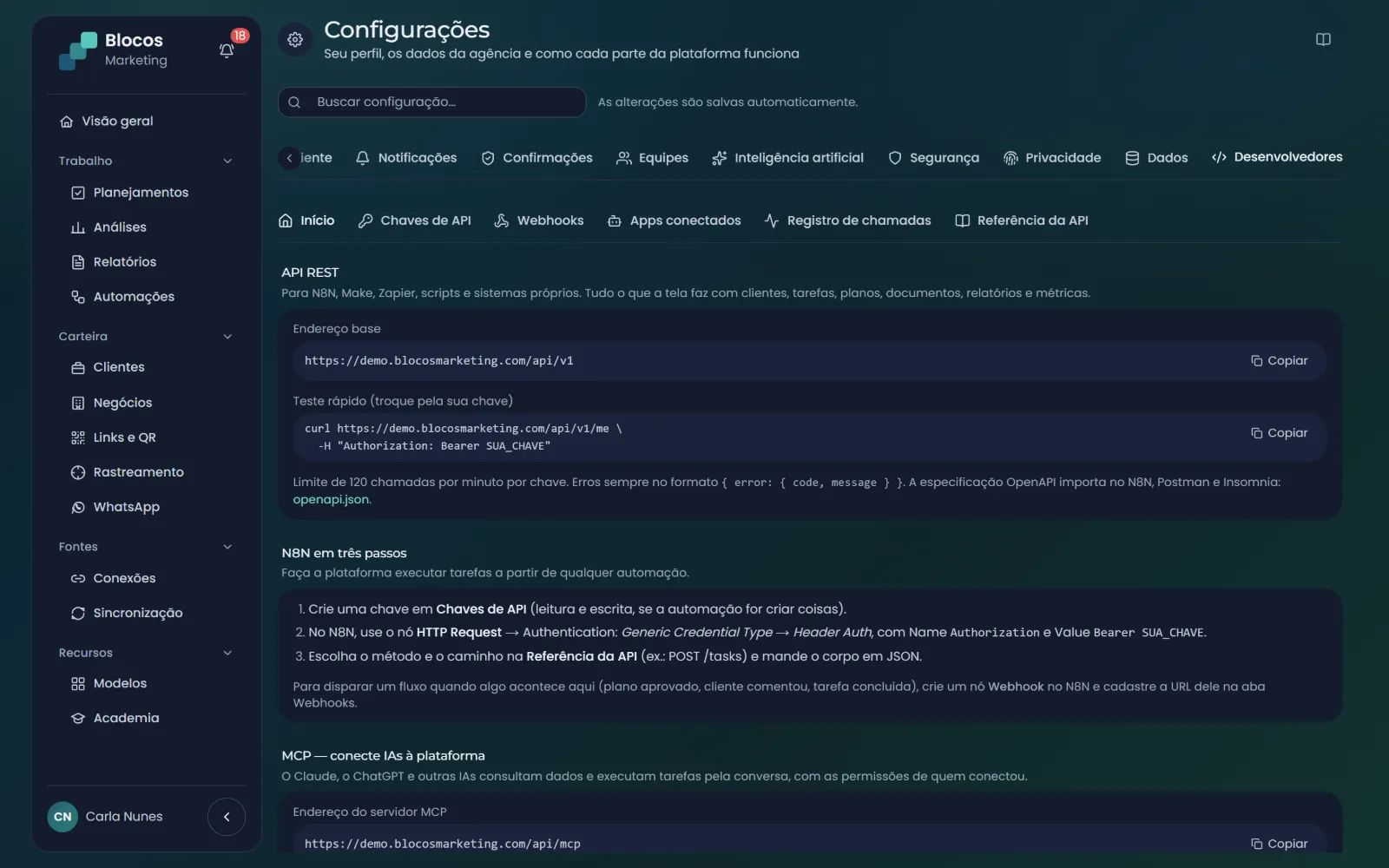 Desenvolvedores: API REST com endereço base e especificação OpenAPI, N8N em três passos e o endereço do servidor MCP