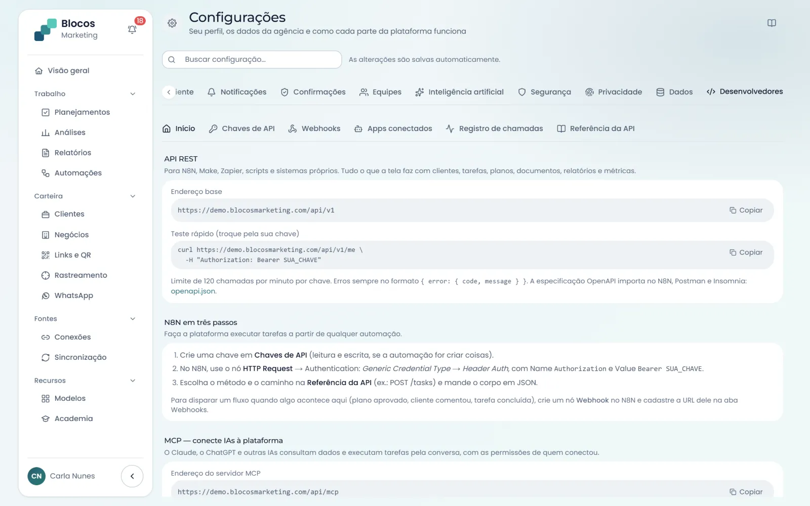 Desenvolvedores: API REST com endereço base e especificação OpenAPI, N8N em três passos e o endereço do servidor MCP