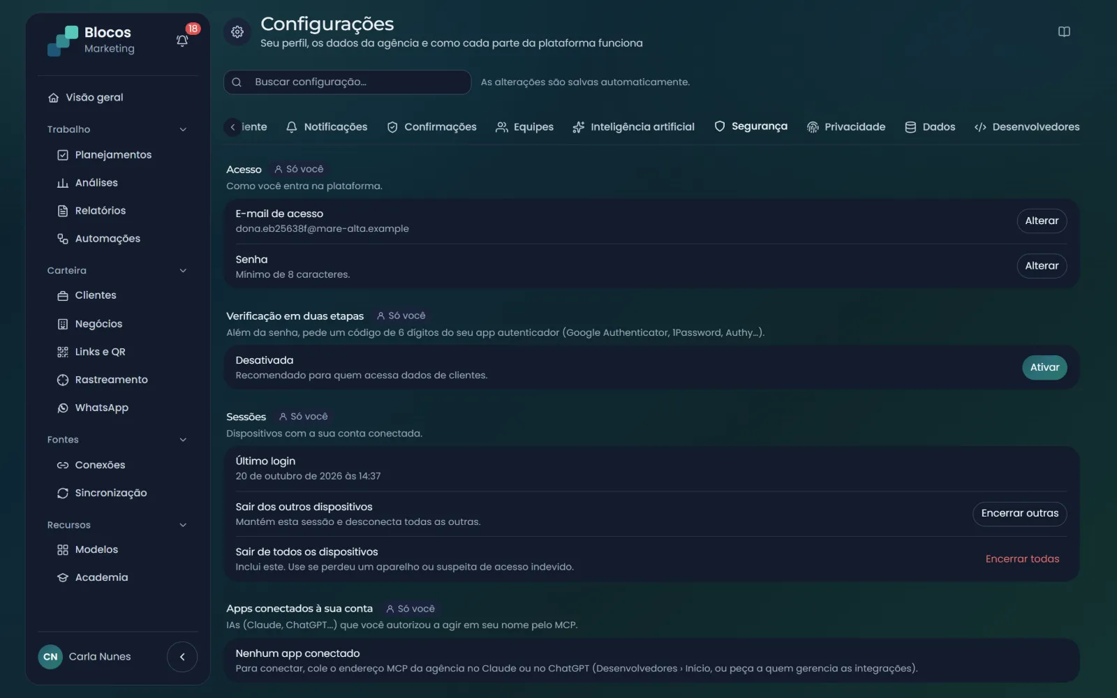 Segurança da conta: verificação em duas etapas, sessões abertas e apps conectados