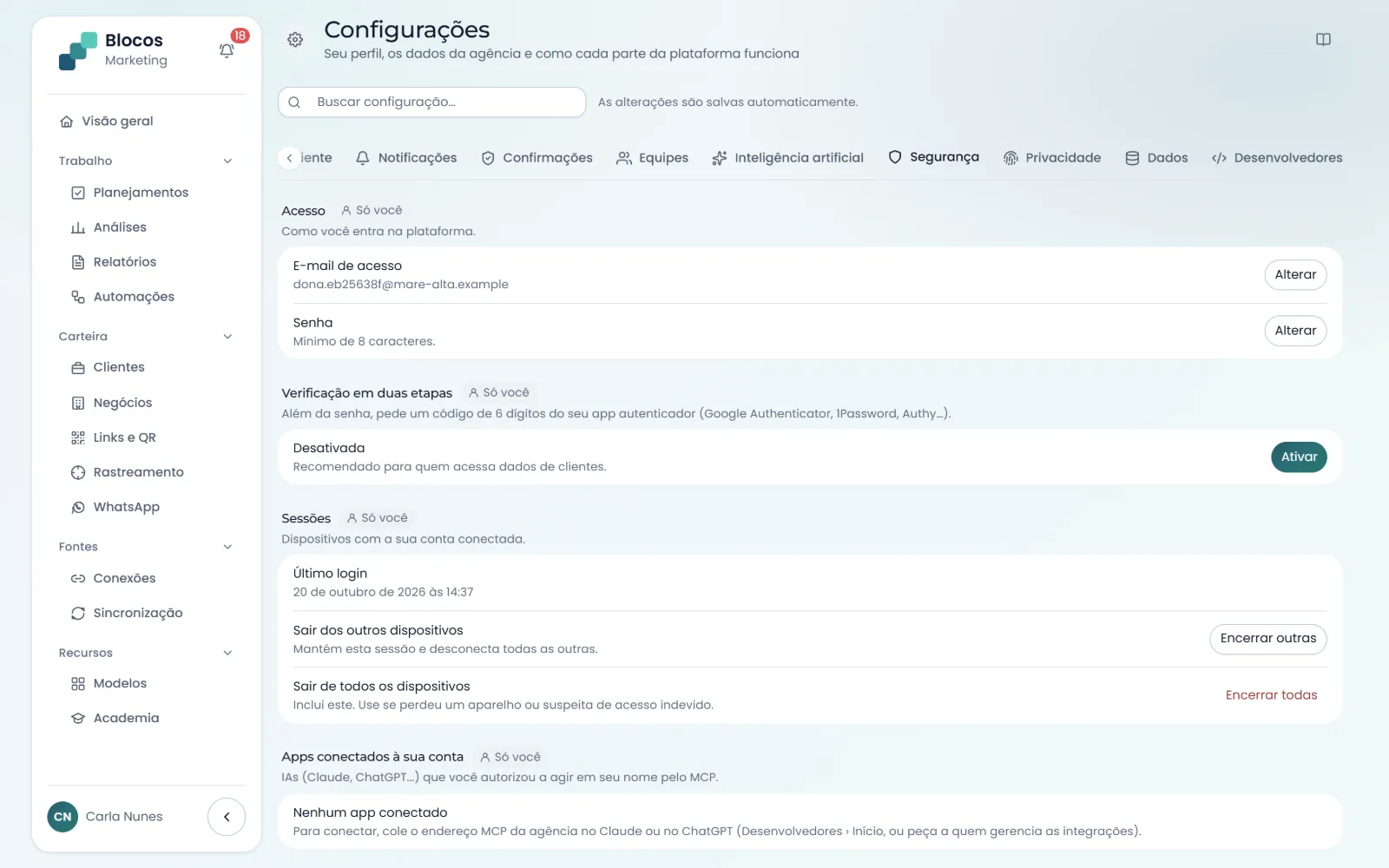 Segurança da conta: verificação em duas etapas, sessões abertas e apps conectados