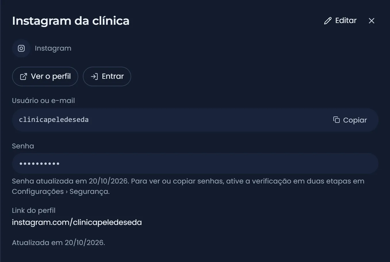Credencial do Instagram no cofre do negócio: usuário, senha guardada cifrada e os botões Ver o perfil e Entrar