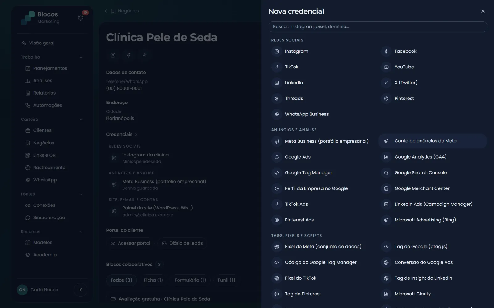 Tipos de credencial do cofre: redes sociais, contas de anúncio e análise, pixels e tags, site, e-mail e ferramentas