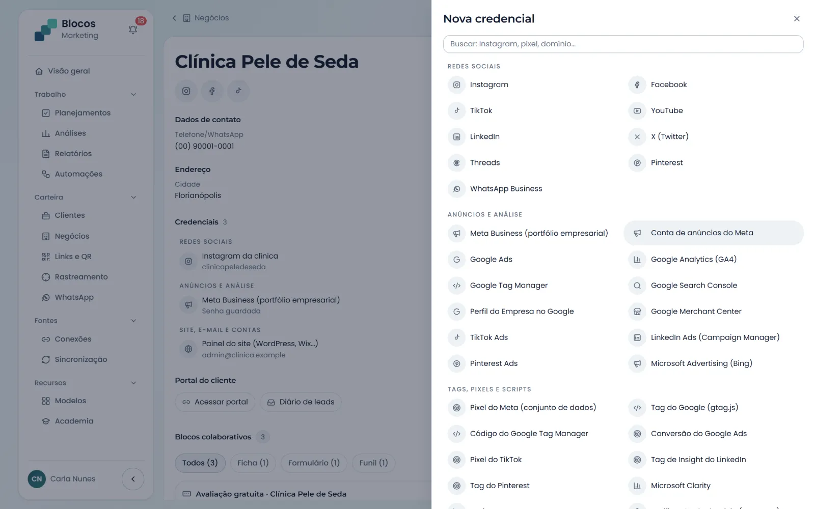 Tipos de credencial do cofre: redes sociais, contas de anúncio e análise, pixels e tags, site, e-mail e ferramentas