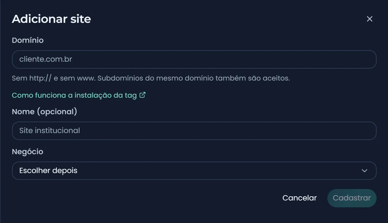 Cadastro de um site para a medição própria: domínio, nome e o negócio a que ele pertence