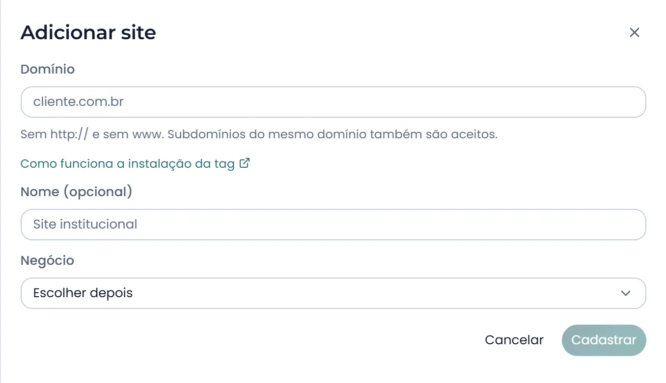 Cadastro de um site para a medição própria: domínio, nome e o negócio a que ele pertence