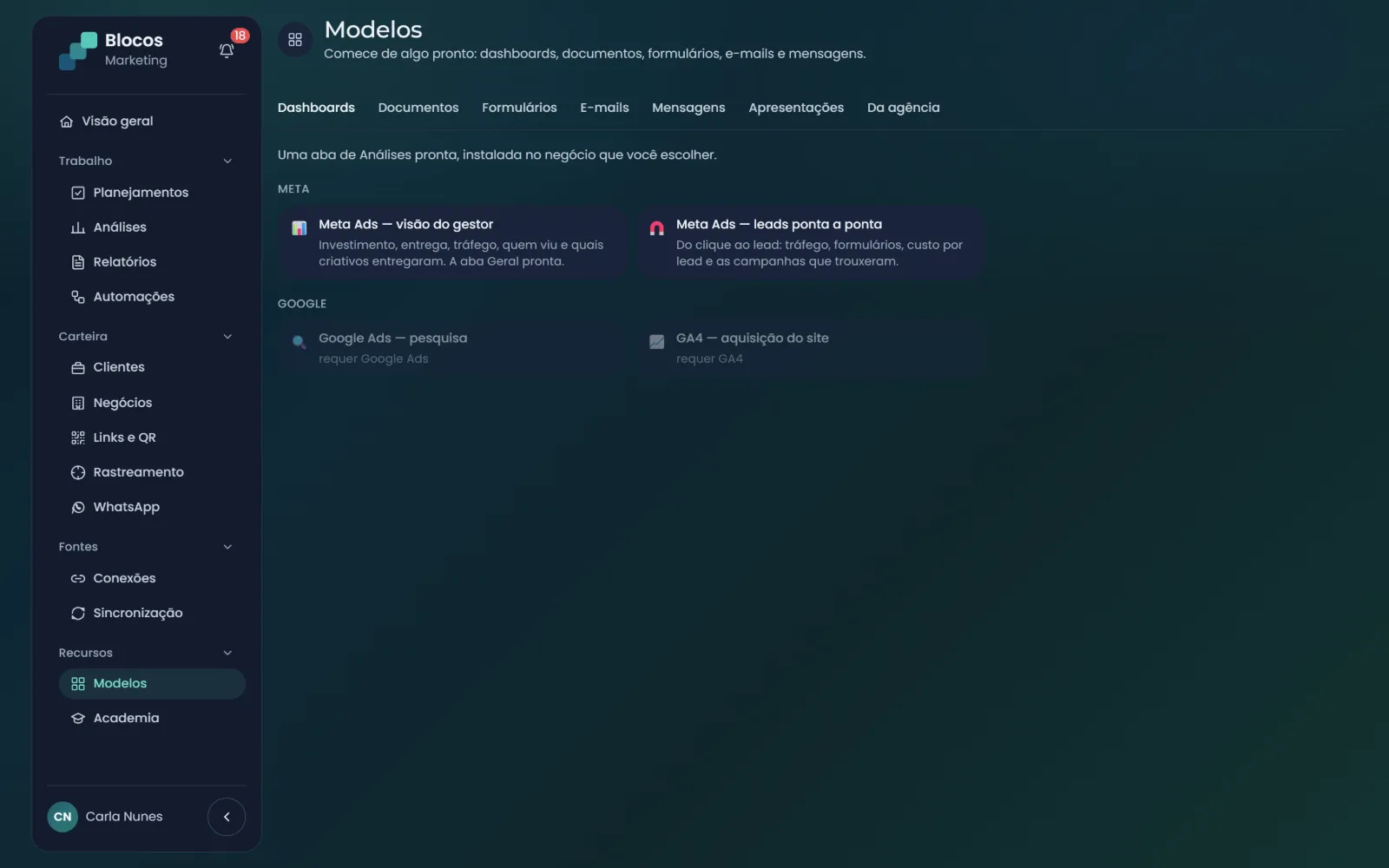 Loja de modelos com dashboards, documentos, formulários, e-mails e mensagens prontos, por fonte