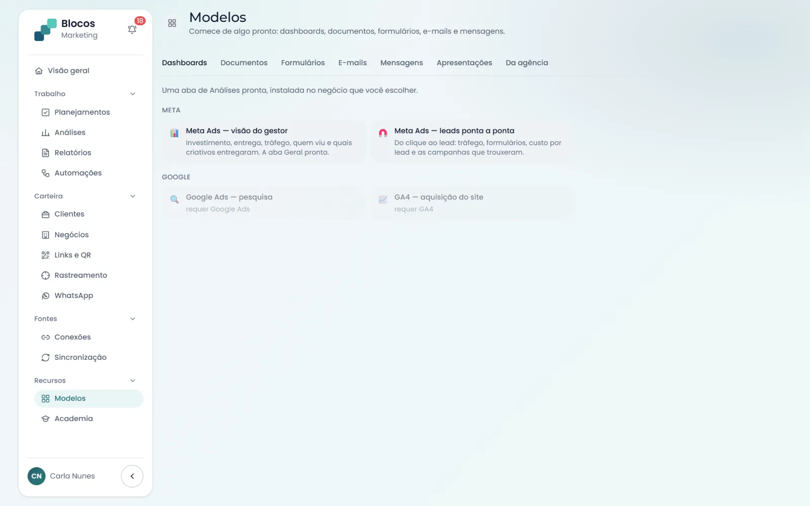 Loja de modelos com dashboards, documentos, formulários, e-mails e mensagens prontos, por fonte