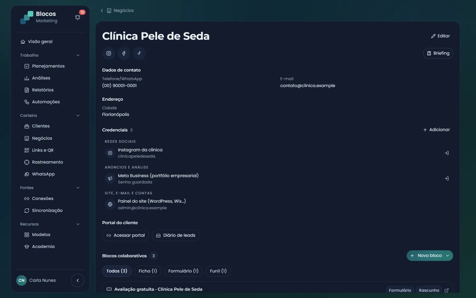 Perfil do negócio com redes sociais, dados de contato, cofre de credenciais e os blocos colaborativos