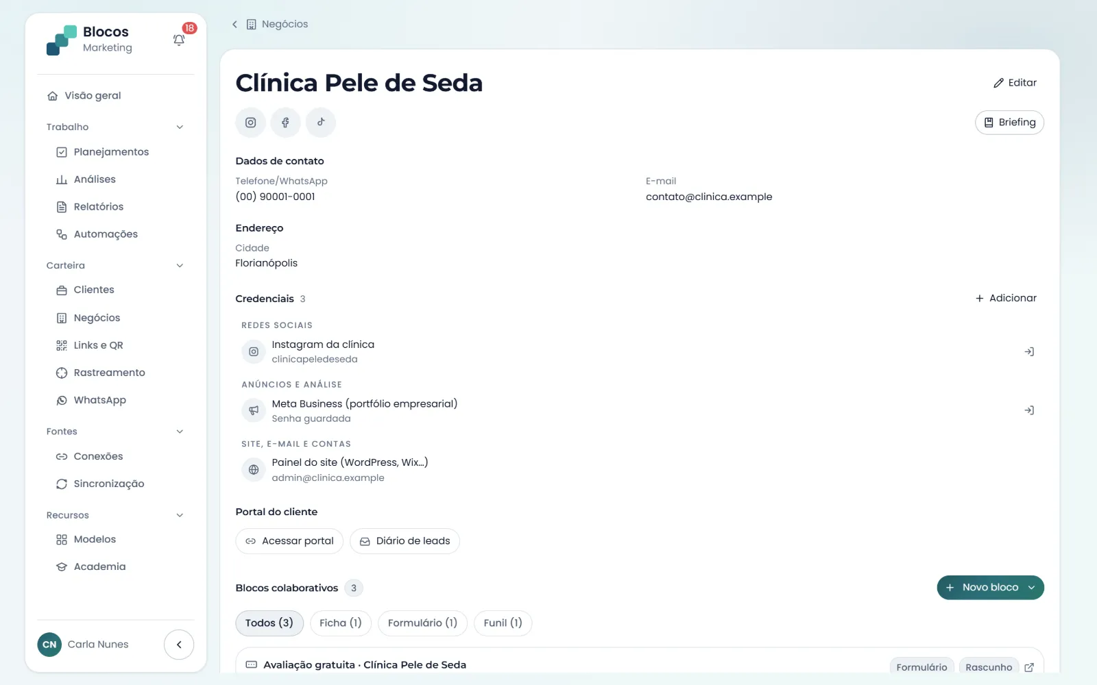 Perfil do negócio com redes sociais, dados de contato, cofre de credenciais e os blocos colaborativos