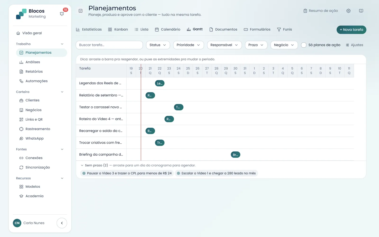 Gantt das tarefas do mês, com a linha de hoje e os planos de ação sem prazo agrupados embaixo