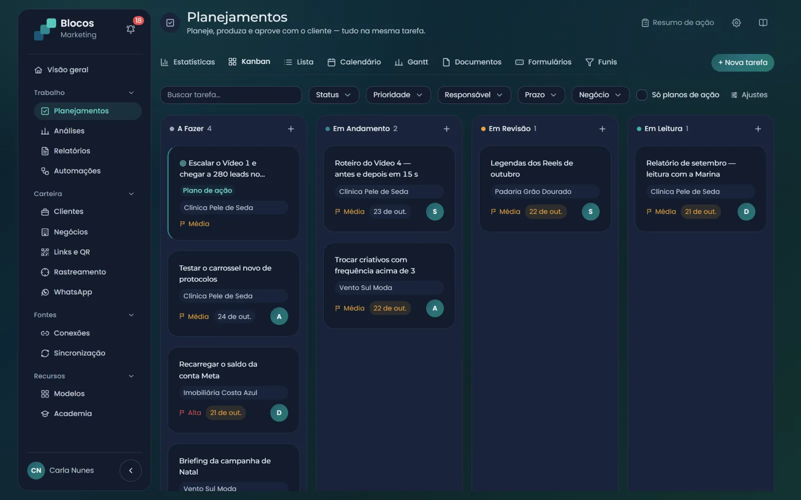 Kanban de Planejamentos com tarefas e planos de ação por status, prazo, prioridade e responsável