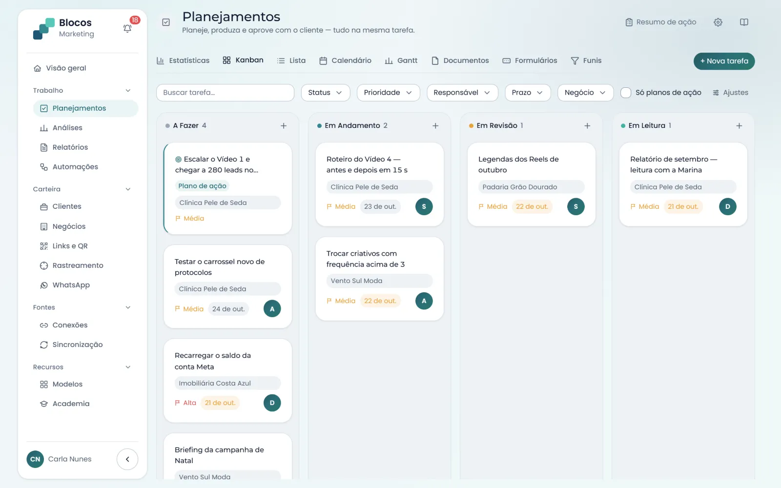 Kanban de Planejamentos com tarefas e planos de ação por status, prazo, prioridade e responsável