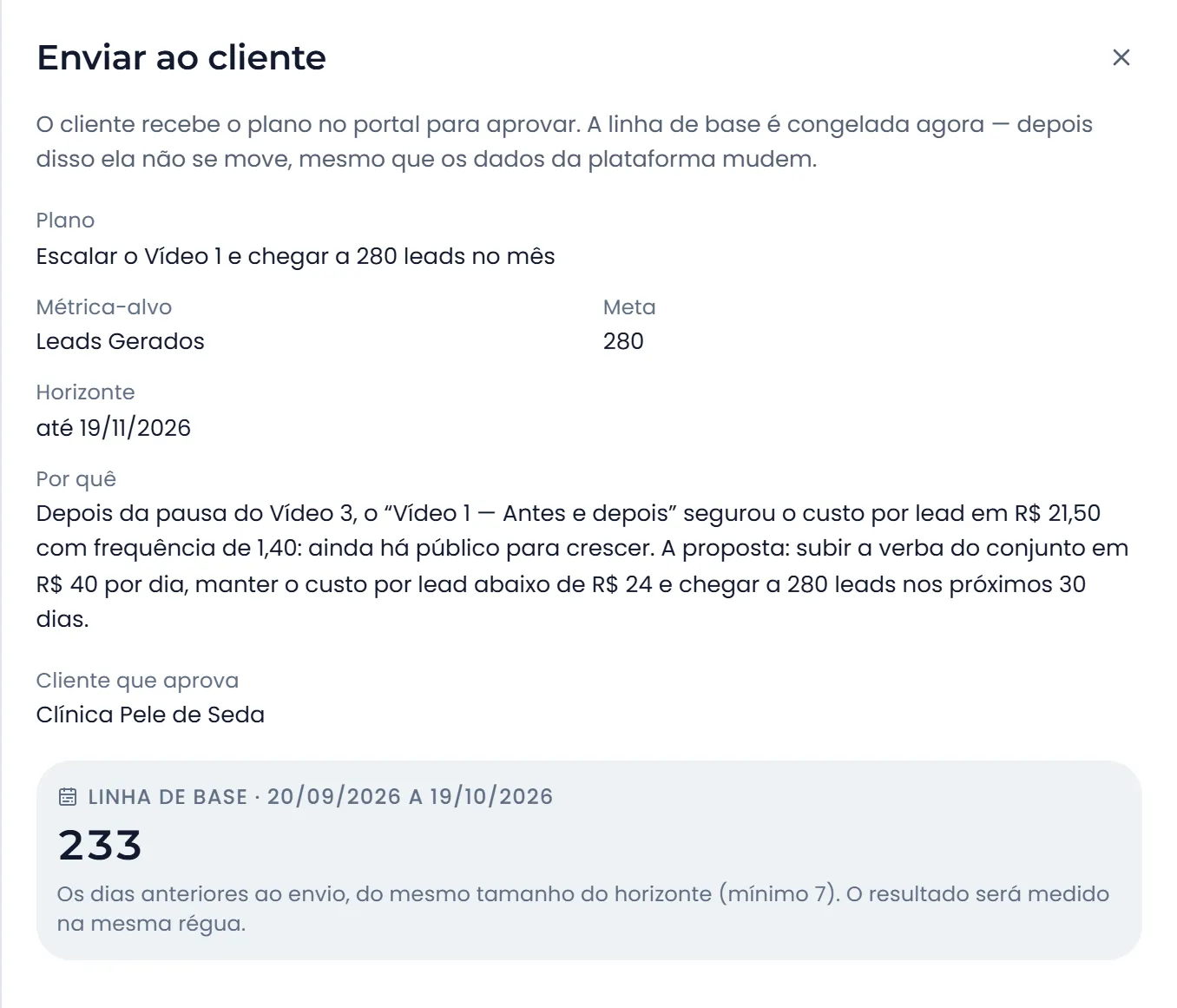 Envio de um plano ao cliente: métrica-alvo, meta, horizonte, o porquê e a linha de base de 233 leads congelada no envio