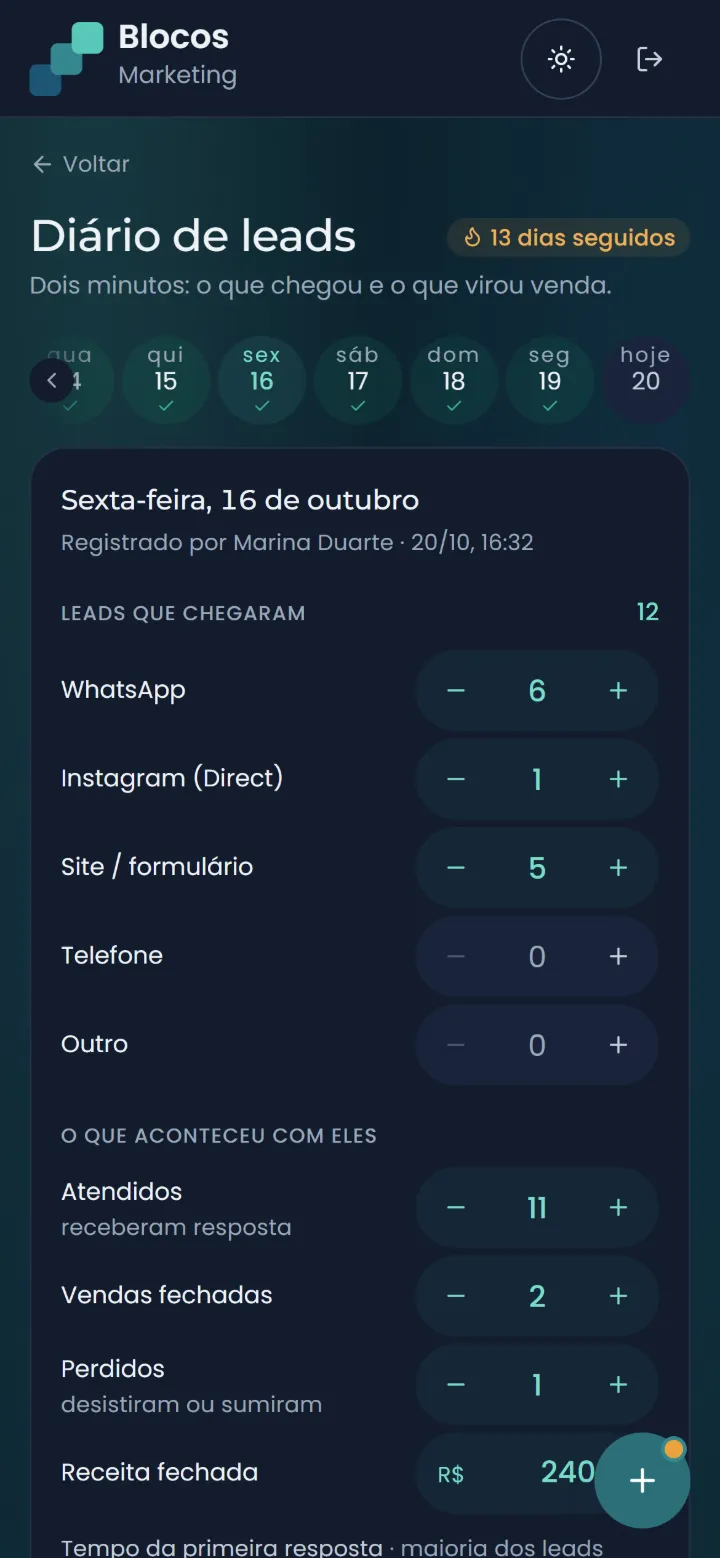 Diário de leads no portal: o cliente registra no celular os leads por canal, atendidos, vendas e motivos de perda