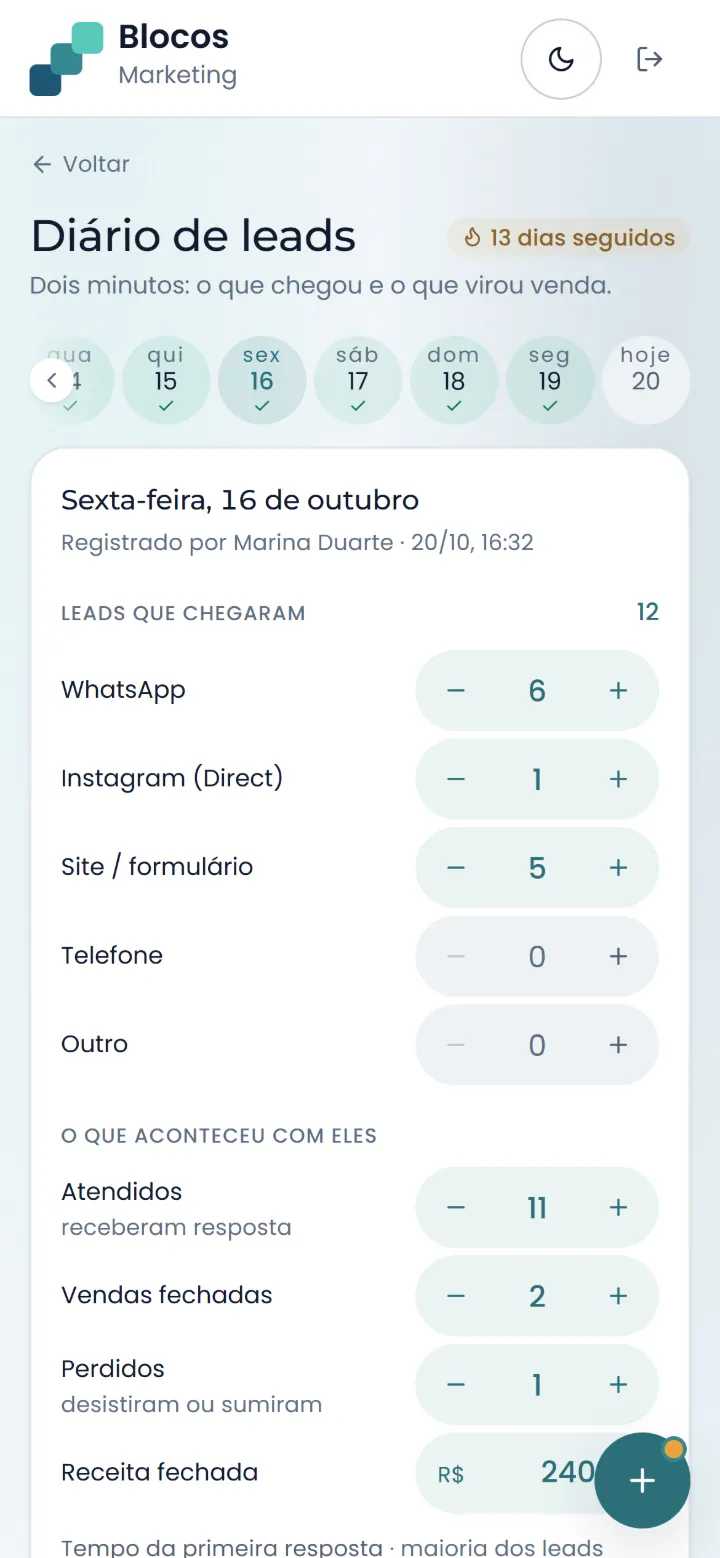 Diário de leads no portal: o cliente registra no celular os leads por canal, atendidos, vendas e motivos de perda