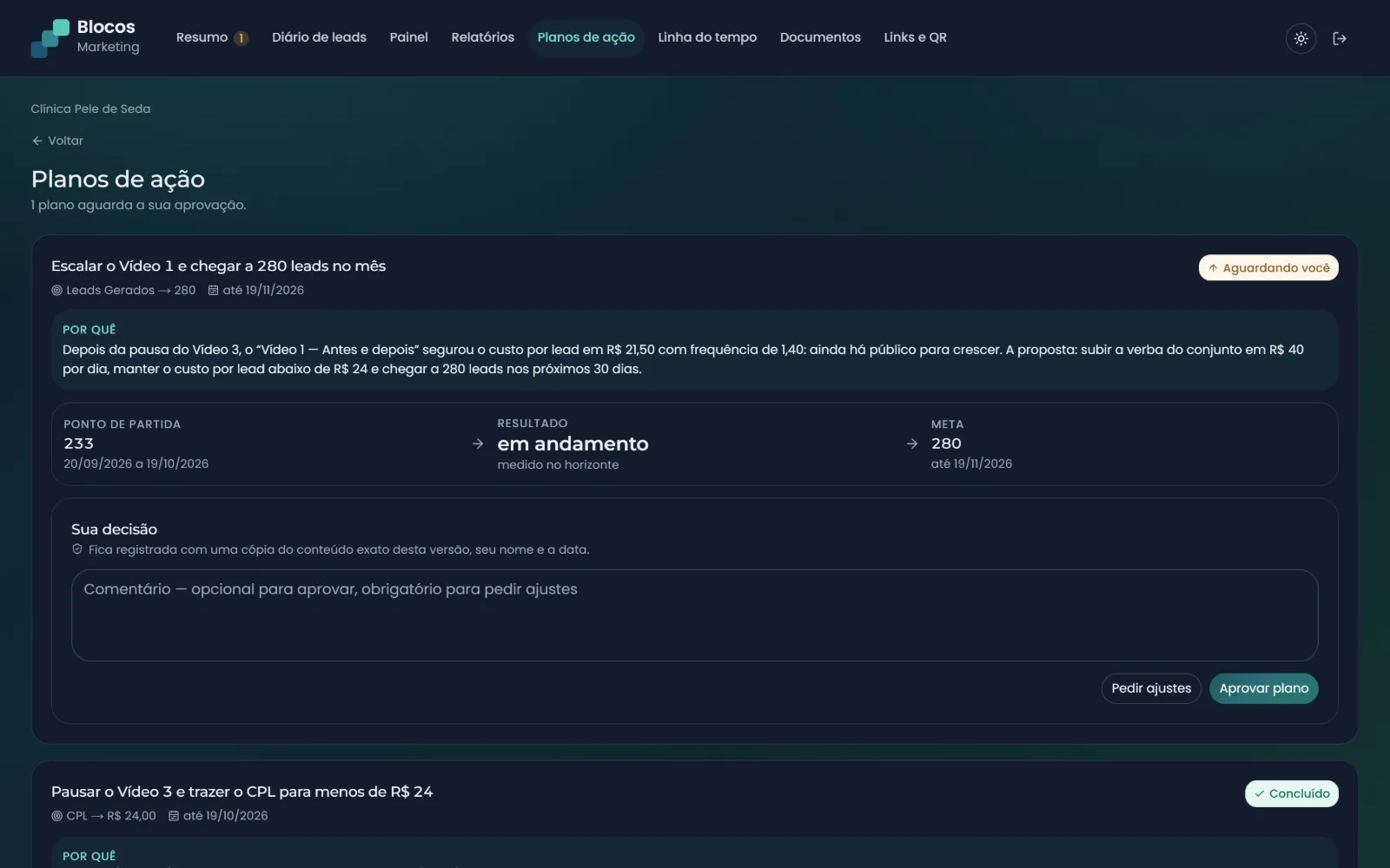 Plano aguardando o cliente no portal: o porquê, ponto de partida, meta, o espaço da decisão e os botões Pedir ajustes e Aprovar plano