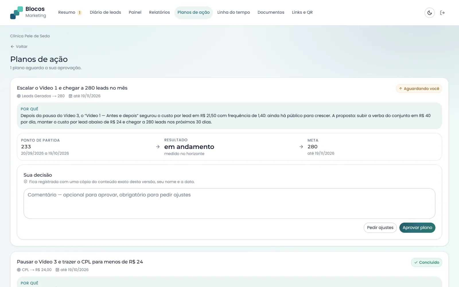 Planos de ação no portal do cliente, com o porquê de cada plano e o que espera a decisão dele