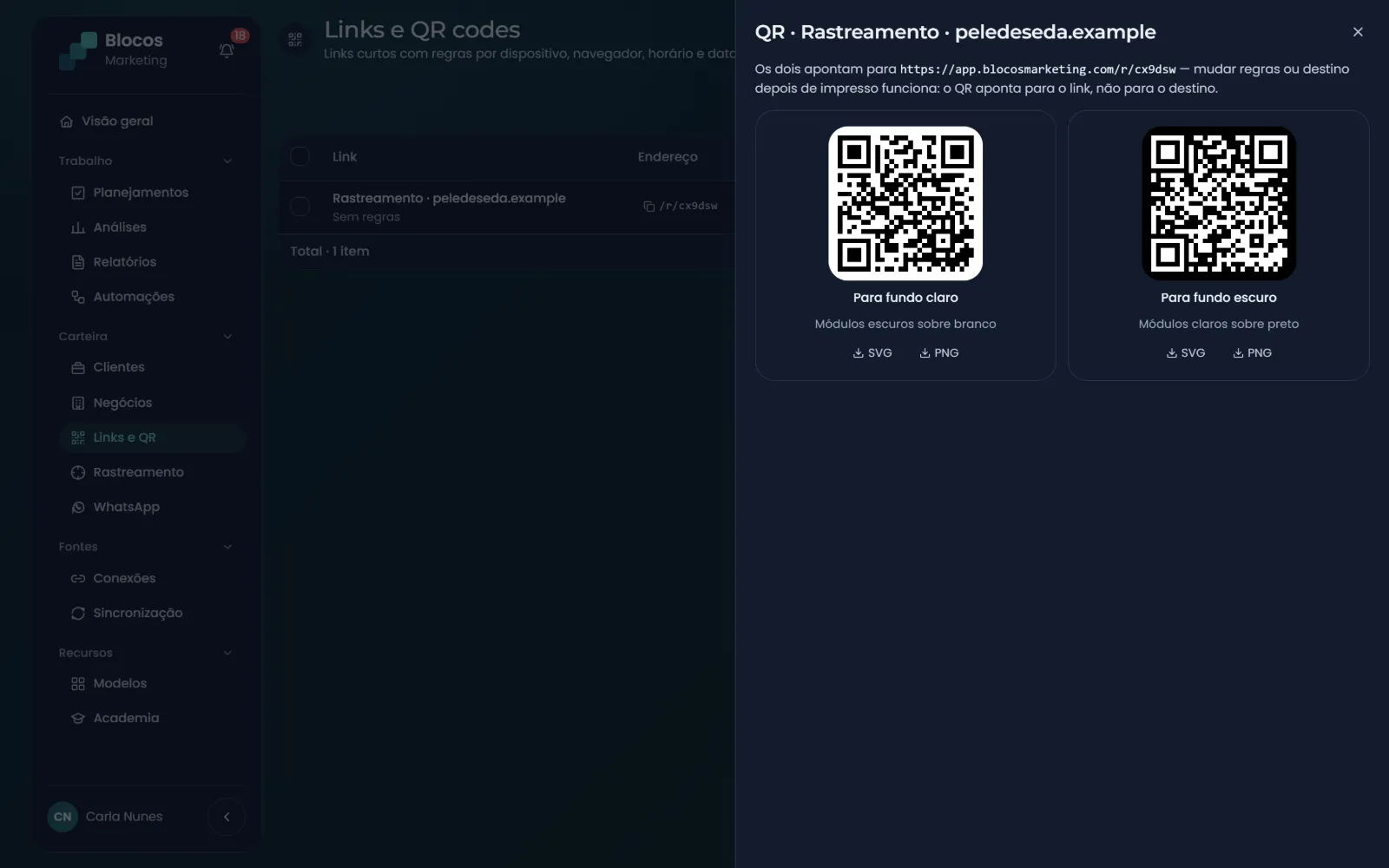 QR codes de um link curto, para fundo claro e escuro, em SVG e PNG: o QR aponta para o link, então trocar o destino depois de impresso funciona