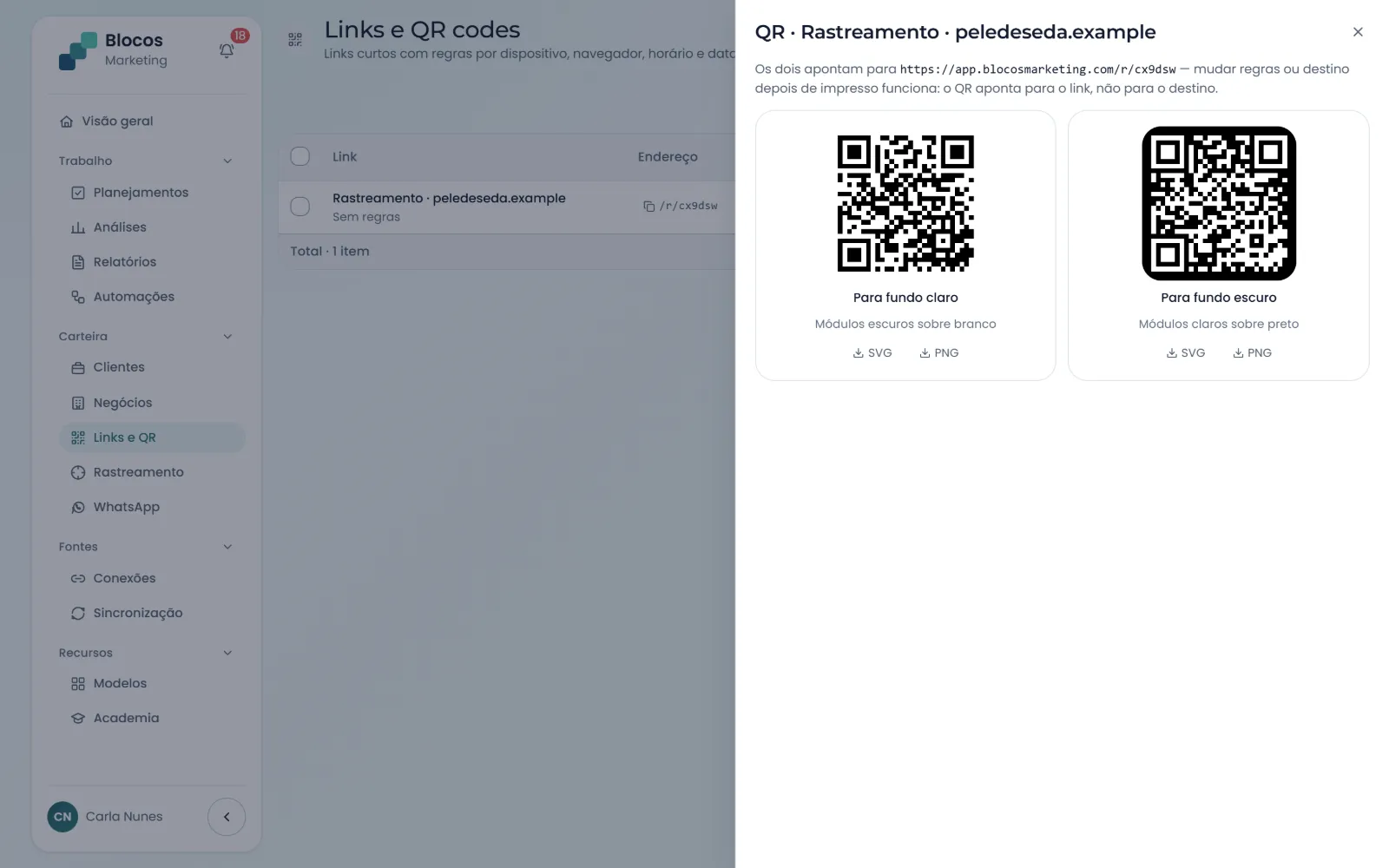 QR codes de um link curto, para fundo claro e escuro, em SVG e PNG: o QR aponta para o link, então trocar o destino depois de impresso funciona