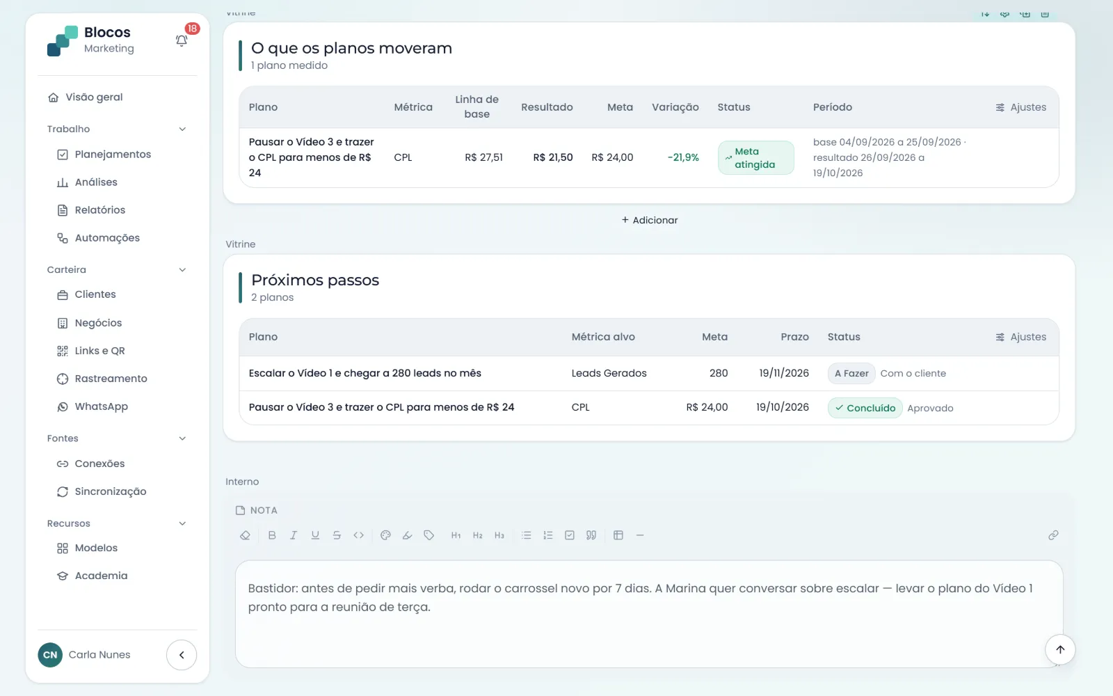 Edição do relatório com o resultado dos planos, os próximos passos e uma nota interna de bastidor