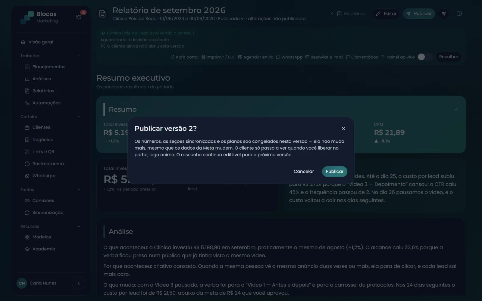 Confirmação de publicar a versão 1: os números ficam congelados e o cliente só vê depois de liberado no portal