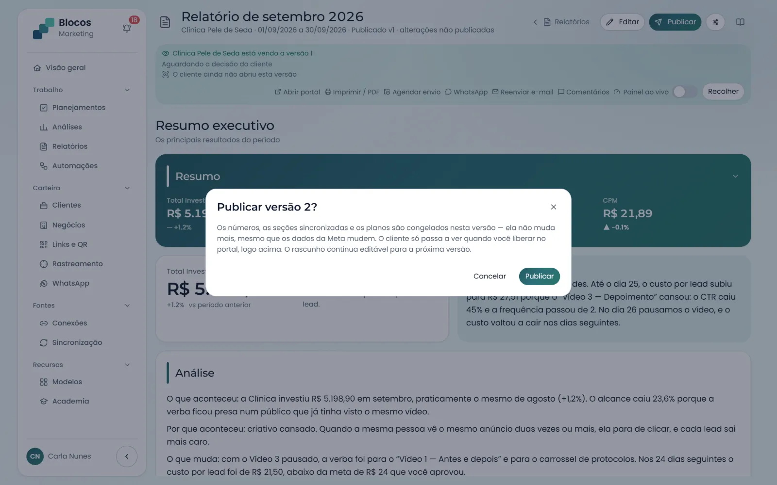 Confirmação de publicar a versão 1: os números ficam congelados e o cliente só vê depois de liberado no portal