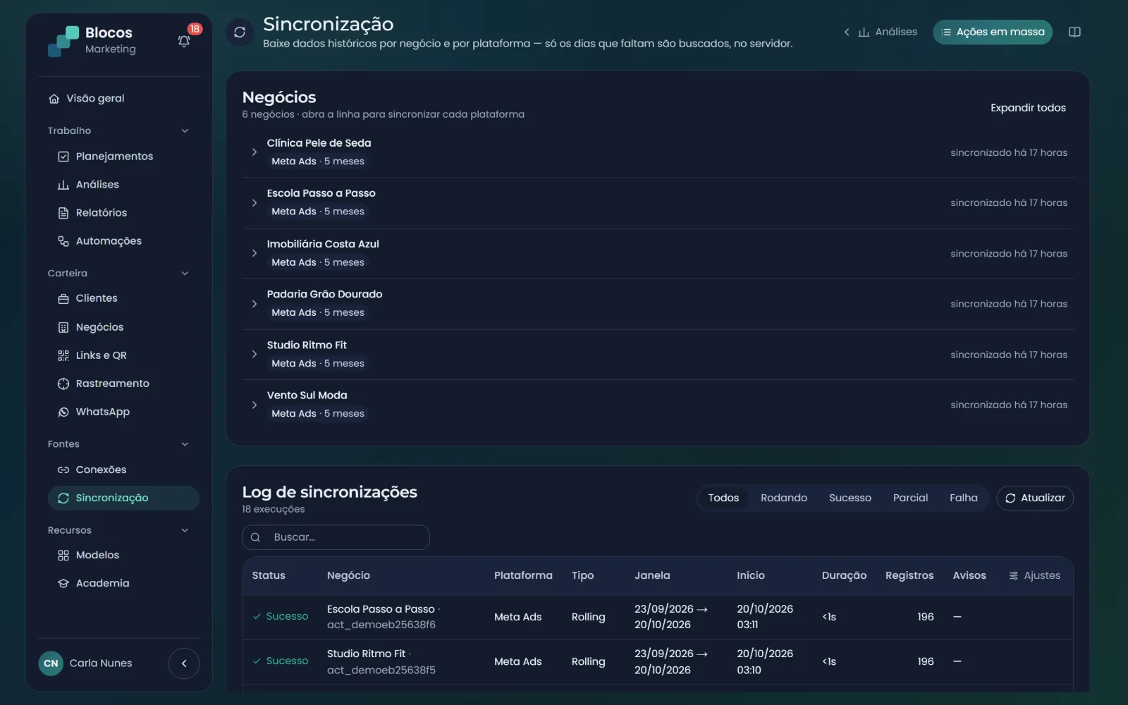 Sincronização por negócio e o log de execuções com status, plataforma, janela, duração e registros